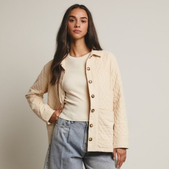 Diamond Quilted Corduroy Button-Up Jacket in Ecru - Picture 6 of 16